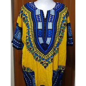 NF  Dashiki shirt with front pockets Yellow/Blue 100% Cotton FREE SIZE